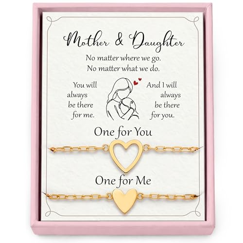 SUCHAGIFT Mother Daughter Bracelets Set for 2 - Mothers Day Birthday Gifts for Mom from Daughter - Bracelet for Mom - 14K Gold Plated Stainless Steel Matching Heart Bracelets