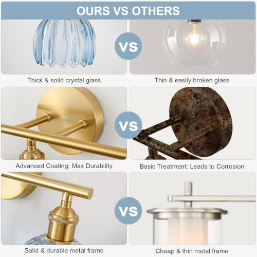 Image of Gold Bathroom Light Fixtures Over Mirror, 3 Light Bathroom Vanity Light with Tulip Blue Glass Lampshade, Vintage Vanity Lights for Bathroom, Bathroom Vanity Lights Over Mirror