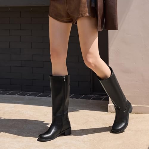 Image of ISNOM Knee High Boots for Women Round Toe Chunky Block Riding Tall Boots with Side Zipper and Low Heel