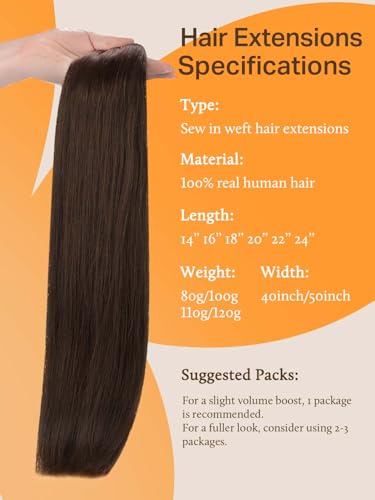 Image of DOORES Weft Hair Extensions, Light Dark Brown 22 Inch 110g Human Hair Weft Hair Extensions Human Hair Natural Straight