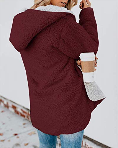 Reachme Womens Oversized Sherpa Jacket Fuzzy Fleece Teddy Coat With Pockets Open Front Hooded Cardigan(Burgundy,M) #TOP2