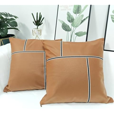 Tsalei Faux Leather Throw Pillow Covers 18x18 Set of 2, Soft Plush Faux Wool Couch Pillow Covers,Covers for Living Room Bed Sofa Cover
