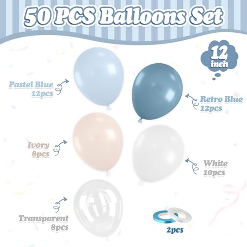 Image of Dusty Blue Balloons, 50 Pcs for Boy Baby Shower Birthday Bachelorette Party | 12 Inch Light Blue White Ivory Clear Latex Balloons for Bridal Shower Wedding Summer Something Blue Lake Party Decorations