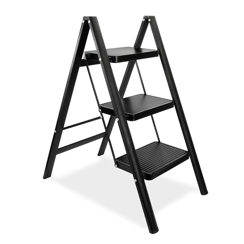 Escabeau Pliable 3 Marches, Tabouret de Marche Pied Acier au Carbone Pliant avec Pédale Antidérapante, Léger et Portable pour Bureau et Cuisine, Charge Maximale 150 kg (Noir)