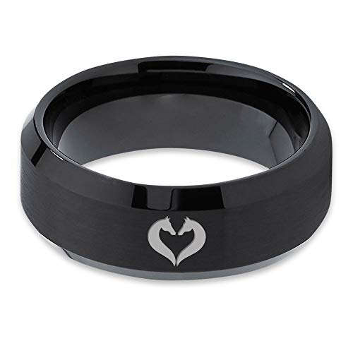Horse Love Heart Shaped Equestrian Horses Ring - Tungsten Band 8mm - Men - Women - 18k Rose Gold Step Bevel Edge - Yellow - Grey - Blue - Black - Brushed - Polished - Wedding - Gift Dome Flat Cut2