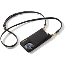 Bandolier Emma Crossbody Wallet Phone Case for iPhone 16 Pro Max. 100% Genuine Pebble Leather. Adjustable & Removable Crossbody Strap. Card Holder with Snap Closure. Black with Gold Hardware