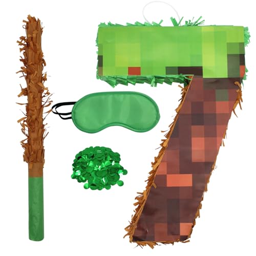 Number 7 Pixel Pinata,Birthday Pinata withwith Blindfold,Confetti and Bat Stick for Groovy Hippie Theme Birthday Party Game Decorations Photo Props Wedding Christmas Party Supplies
