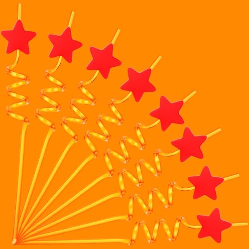 SiliFine 24 Pcs Reusable Anime Plastic Drinking Silly Crazy Straws for Son and Husband Birthday Party, Red Star Shapes, Orange Straws for Anime Themed Birthday Party Decorations and Supplies