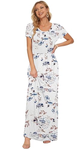 Image of AUSELILY Women's Summer Short Sleeve Loose Plain Casual Long Maxi Dresses | Year Round wear solid floral print, Casual wear, Empire waist, Floor length, Side pockets