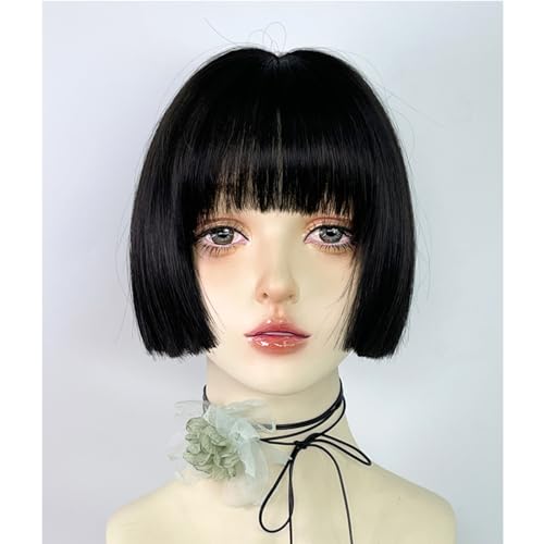 Perruque noire lisse 15cm thermorésistante avec frange pour femme pour déguisement