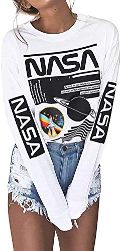 Yuan Women Long Sleeve NASA Letter Print Shirt Graphic Tops Pullover Sweatshirt (White,XXL)