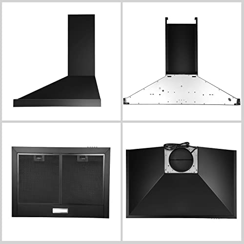 Sndoas Black Range Hood 24 Inch,Black Vent Hood,Stainless Steel Chimney-Style 24 Inch Range Hood,Ductless Range Hood With 3-Speed Exhaust Fan,Led Light,Wall Mount Kitchen Hood,Over Stove Vent #TOP3