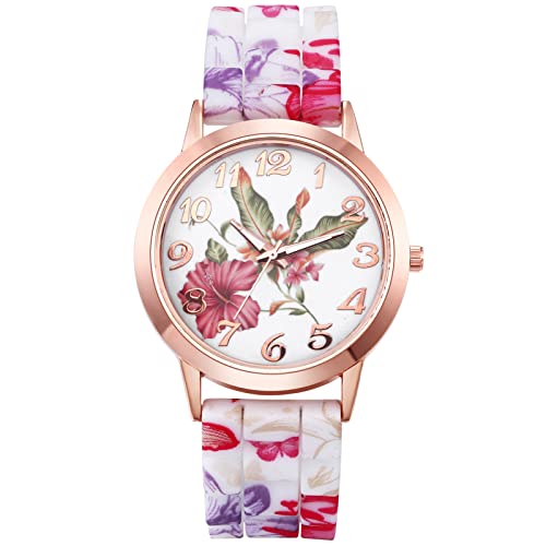 JewelryWe Uhren Damen Analog Quarz Armbanduhr Mode Exquisit Blumen Blumendruck Beiläufige Uhr mit Silikon Armband Muttertagsgeschenk