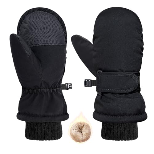 HOPSOOKEN Kids Winter Snow Mittens for Little Girls Boys Thermal Warm Thick Fleece Waterproof Ski Gloves for Cold Weather(BlackM)