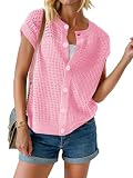 Saodimallsu Womens Short Cap Sleeve Sweater Vest Crochet Button Down Cardigans Crew Neck Summer Knit Tops Pink