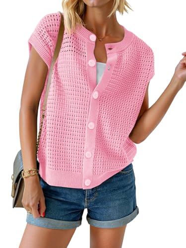Saodimallsu Womens Short Cap Sleeve Sweater Vest Crochet Button Down Cardigans Crew Neck Summer Knit Tops Pink