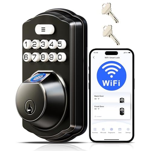 Veise VE012W Built-in WiFi Fingerprint Smart Lock, App Remote Control, No Hub Needed, Keyless Entry, Front Door Smart Deadbolt, Digital Keypad, Auto Lock, IP55 Waterproof, BHMA Grade 3, Matt