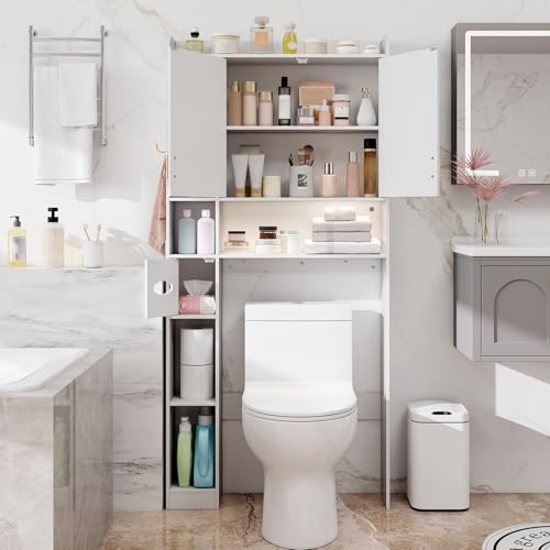 COSTWAY Mueble sobre Inodoro, Armario Independiente para Lavadora con Armario de 2 Puertas, 6 Compartimentos, Caja para Pañuelos, Gancho y Estante Ajustable, Estanterias Alta de Almacenaje (Blanco) - imagen 9
