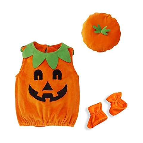 GUMEMO Toddler Infant Baby Boy Girl Halloween Pumpkin Costumes Sleeveless Romper Outfit with Hat (1-2T, 3Pcs) Cover