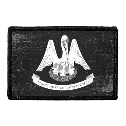 Louisiana State Flag - Black and White - Distressed Morale Patch | Hook and Loop Attach for Hats, Jeans, Vest, Coat | 2x3 in | by Pull Patch