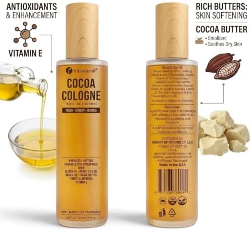 Body Oil for Men, Cocoa Cologne, quick absorbing firming moisturizer — 사진 2