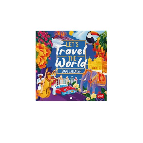 Legami - Legami - Calendrier mural 2026, Travel The World, Calendrier mural petit, 12 mois et planificateur annuel, en anglais, espace pour notes, signes du zodiaque, fêtes internationales, 18 x 18 cm