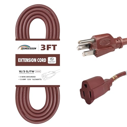 HONDERSON 3FT Brown Extension Cord-16/3 SJTW Durable Extension Cord for Christmas Lights with 3 Prong Grounded Plug, Great for Christmas Decorations by HONDERSON - Used condition - US$5.52