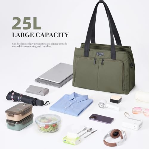 Timeet Insulated Lunch Tote Bag for Women, 3 Separate Compartments 25L Large Capacity 15.6 Inch Laptop Tote, Water Resistant Leakproof Lunch Bag for Work Office Picnic Beach Travel, Olive Green by Timeet - Used condition - Image 7