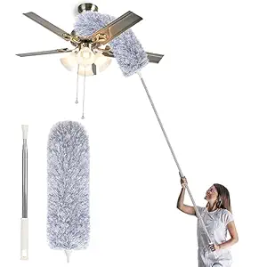 SANSHAM Microfiber 100 inches Expandable Pole Handle Washable Duster for High Ceiling Fans Extendable Fan Cleaning Feather Duster with, Window Blinds, Furniture