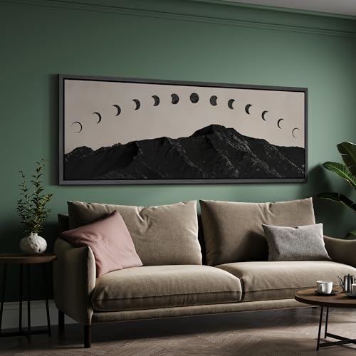 Image of MUDECOR Large Framed Canvas Print Wall Art Black Mountain Silhouette with Moon Phases Minimalist Antique Retro Ready to Hang Painting for Living Room Bedroom Multi-Sizes - 60 inchx20 inch