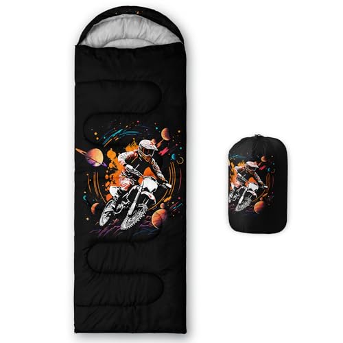 Bolsa de dormir HOSIMA para camping y actividades al aire libre, patrón de motocicleta, color negro, tamaño 90 pulgadas por 32 pulgadas, capacidad individual.