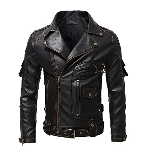 Cambkatl Men's Vintage Faux Leather Jacket Asymmetric Zip Lapel Distressed Lightweight Motorcycle Biker Coat With Belt #TOP8
