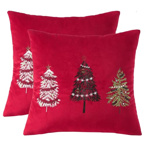Tosleo Christmas Embroidery Throw Pillow Cover 18 x 18 inch Set of 2 Red Xmas Tree Velvet Pillow Case Christmas Party Decorations Pillowcase Winter Holiday Cushion Cases by Tosleo - Used condition - US$7.51