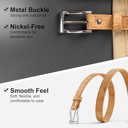Women's Slim Cork Belt 20mm – Brown Strap with Silver Nickel-Free Buckle, Vegan, Lightweight, Adjustable Fit4