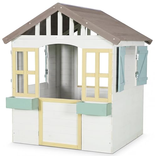 WONDERMAKE® Casa de juegos infantil de diseño de madera con 2 jardineras e imán. Puerta + ventana, casa de juegos para niños a partir de 3 años, jardín, exterior, exterior, resistente a la intemperie