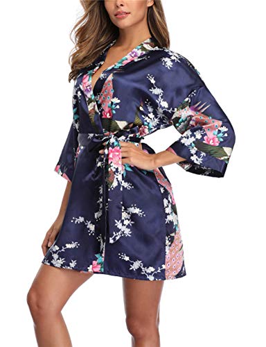 Women's Floral Satin Robes Short Silky Kimono Bridal Robes Sleepwear Loungewear Navy