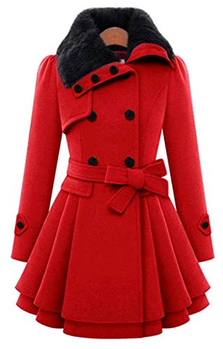 Andongnywell Women's Fashion Faux Fur Lapel Double-Breasted Thick Wool Trench Coat Jacket Double Breasted Woolen Coats (Red,Large) #TOP2