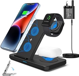 JoyGeek 3 in 1 Foldable Wireless Charging Station, 20W Wireless Charger for iPhone 14/13/12/11/Pro/Xs/Xs Max/Xr/X/Se/8, Apple Watch Charger for iWatch 8/7/6/5/4/3/2, Airpods 3/2/Pro/Pro2, with Adapter