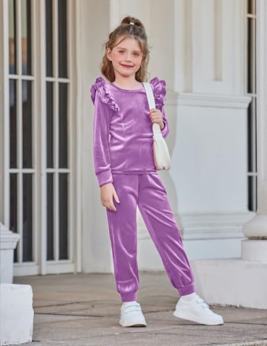 Image of Arshiner Girls 2 Piece Outfits Velour Tracksuit Ruffle Sweatshirt Sweatpant | Cute Clothes, Sweatsuit, Long Sleeve Pullover, Fall Winter Clothing Sets, for 3-10 Years