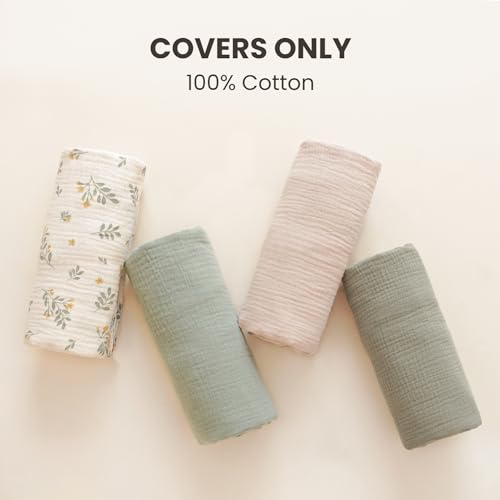 Image of Konssy Muslin Baby Lounger Cover 2 Pack, 100% Cotton Newborn Lounger Cover, Soft and Breathable Baby Nest Slipcover for Boys Girls (Fog Green,Cream)
