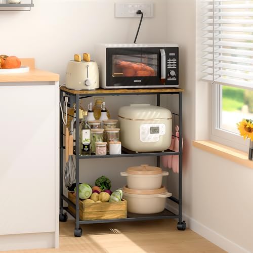 ThreeHio Rolling Kitchen Microwave Cart with Power Outlet, 3 Tier...