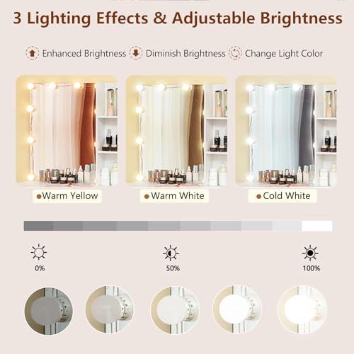 usikey 43.5in Large Vanity Desk with Mirror and 10 LED Lights, Makeup Vanity Table with Lights and 5 Drawers, White Vanity Table Vanity Set with Storage Shelves and Stool for Women Girls, White - Thumbnail 3