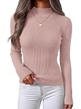 ZESICA Women's 2025 Fall Long Sleeve Turtleneck T Shirt Ribbed Knit Sweater Slim Fit Basic Casual Tee Tops Dusty Pink Small