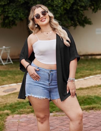 IN'VOLAND Womens Plus Size Lightweight Cardigan Open Front Short Sleeve Casual Loose Fit Beach Cover Up2