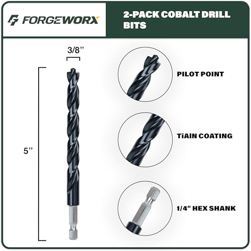 ForgeWorx 3/8 Inch Cobalt Drill Bits 2pcs Heavy-Duty Metal Drill Bit Set for Steel, Cast Iron, TiAlN Coating, 1/4" Hex Shank (3/8" x 4") by Forgeworx - Image 2