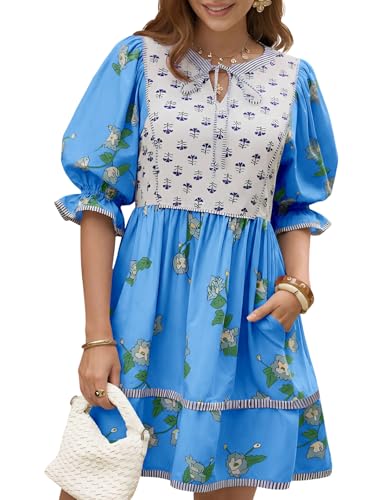 Image of Wenrine Womens Casual Floral Mini Dress Summer Patchwork Boho Shirt Dresses