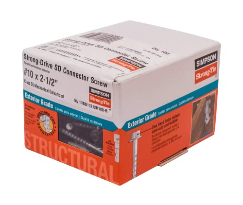 Simpson Strong-Tie SD10212R100-R - #10 x 2-1/2 Inch Strong Drive SD Connector Screws - 1/4 Inch Hex Head, Galvanized Coating, Hex Bit Included, for Construction, Home Improvement (Box of 100)
