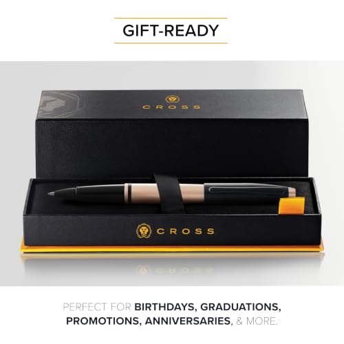 Image of Cross Calais Brushed Rose Gold & Black Refillable Rollerball Pen - Medium Point, Black Ink, Smooth Writing, Presented in a Luxury Gift Box