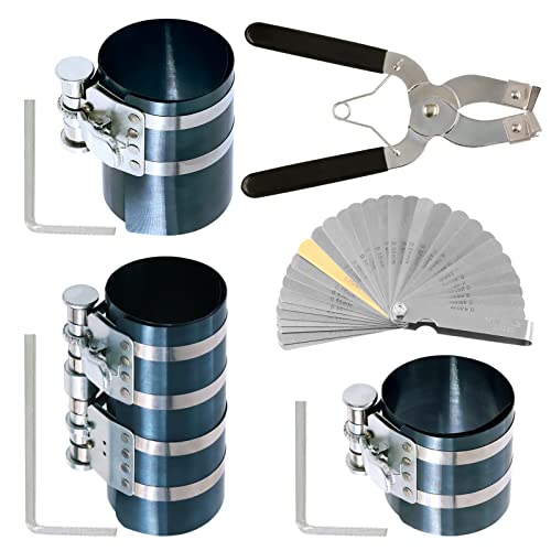 Keadic 8 piezas de compresor de anillo de pistón de 3 pulgadas 4 pulgadas 6 pulgadas con alicates de extracción de anillo de pistón ajustable y calibre y llave de acero inoxidable para motor de coche