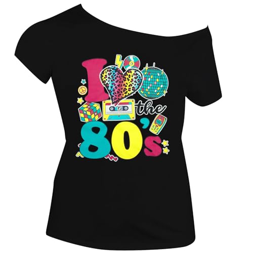 SFHFY 90s Outfit for Women 90's Theme Party Disco Shirt Vintage Neon Off Shoulder Tops Retro 90s Disco Top
